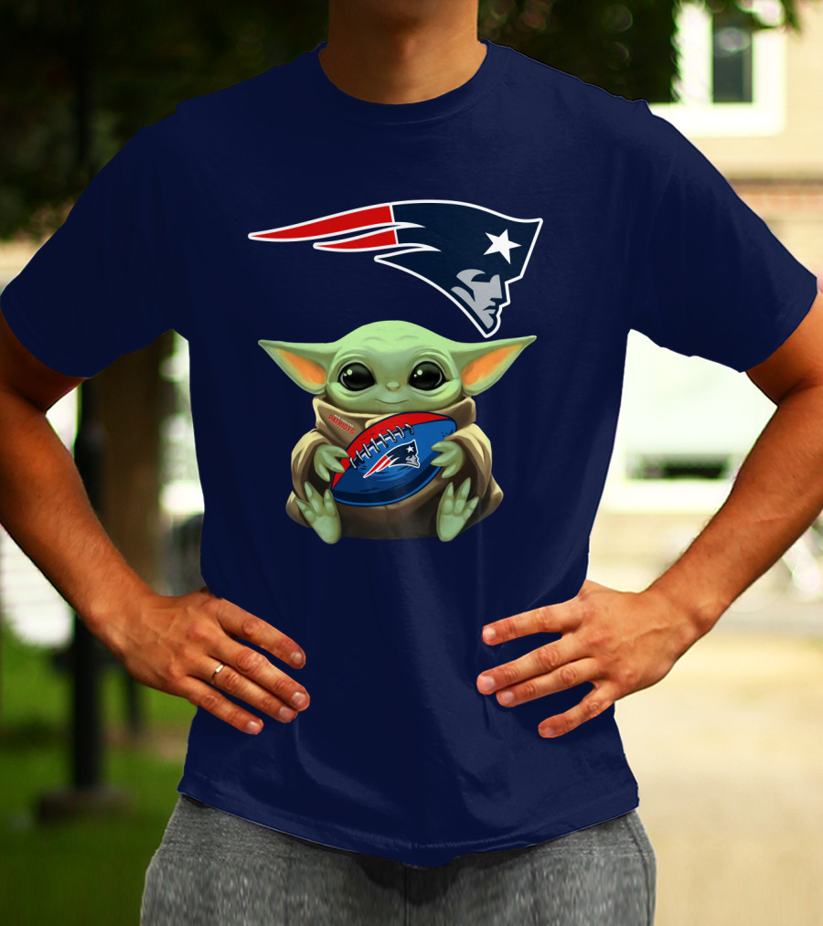 Baby Yoda Holding New England Patriots Football Under Patriots T-Shirt