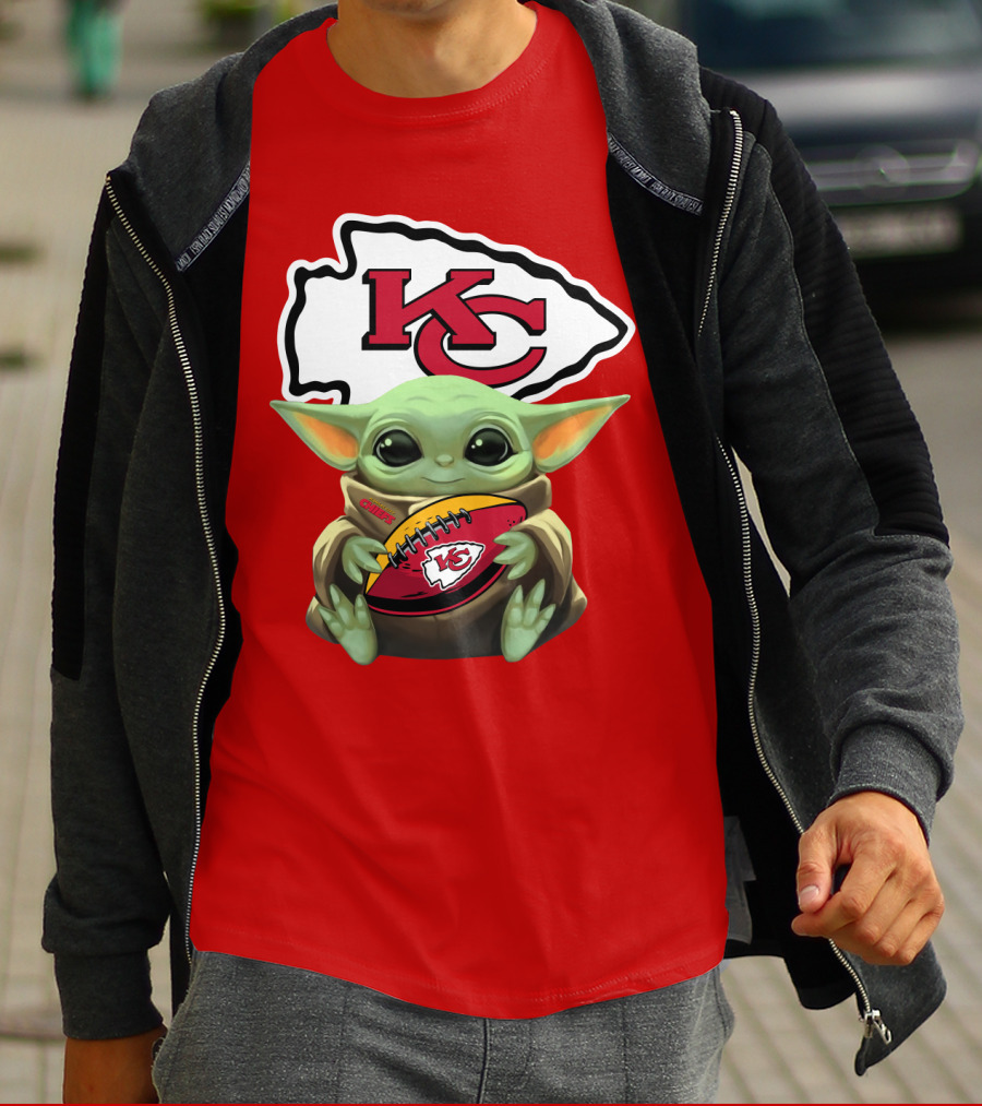 Babyyoda Holding Kansas City Chiefs Football T-Shirt
