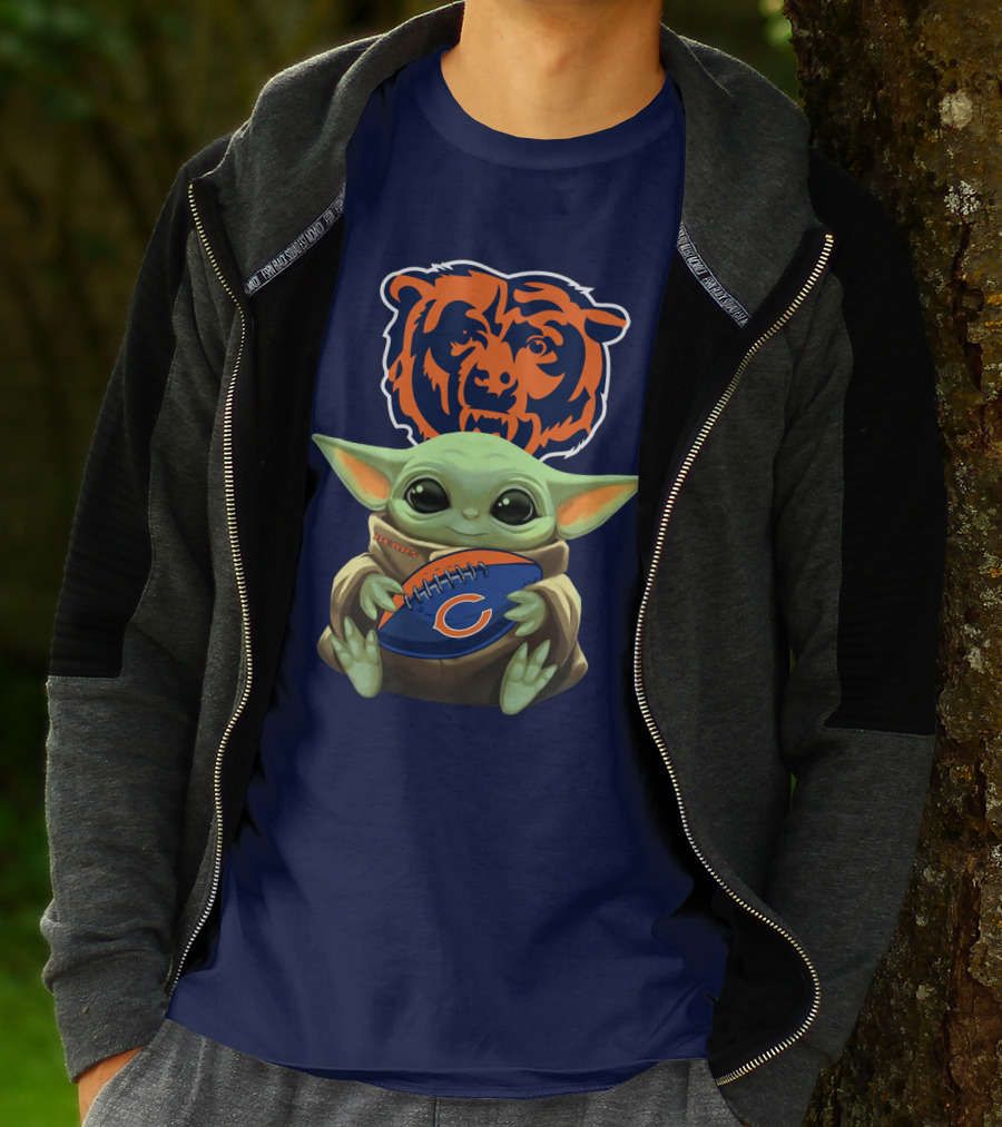Baby Yoda Holding Chicago Bears Football With Team T-Shirt