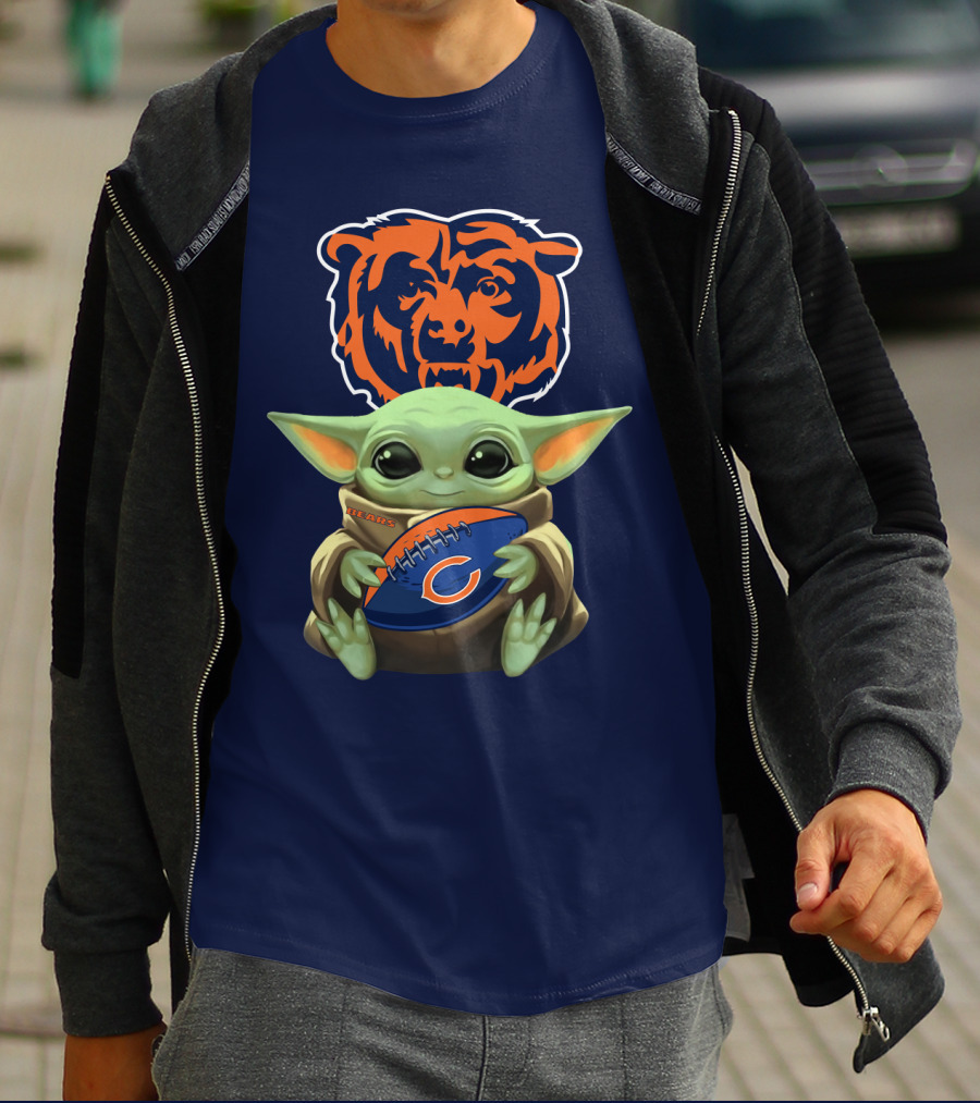 Baby Yoda Holding Chicago Bears Football With Team T-Shirt