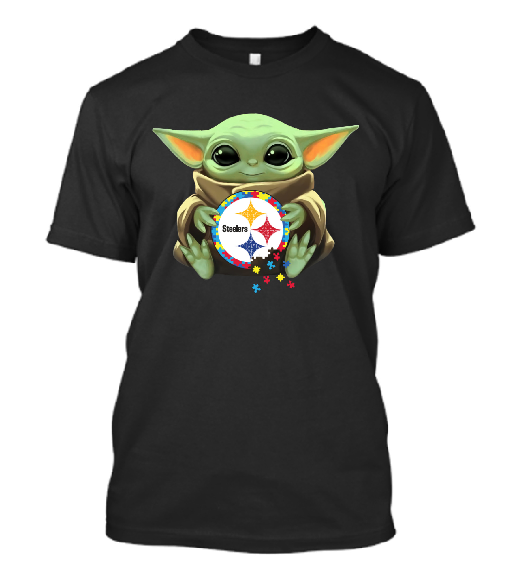 Baby Yoda Holding Steelers Autism Puzzle T-Shirt
