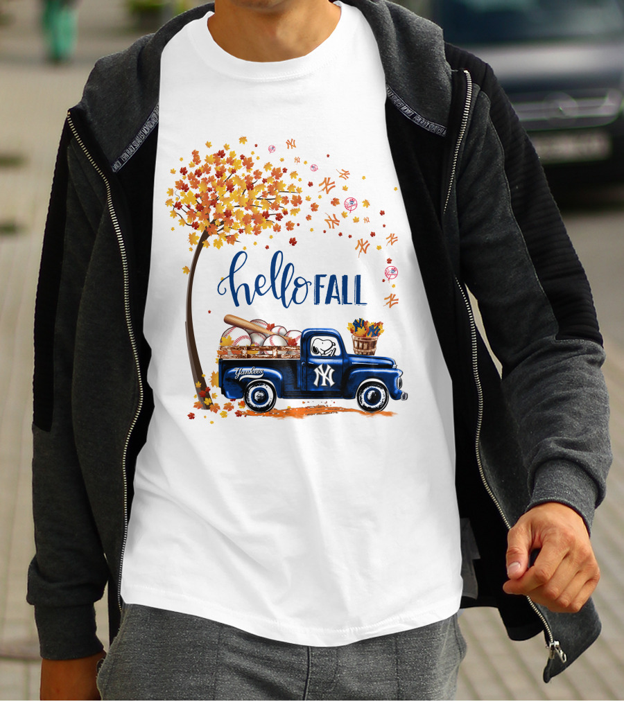 Hello Fall New York Yankees Autumn Truck Baseball Scene T-Shirt