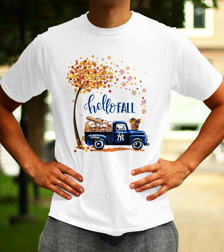 Hello Fall New York Yankees Autumn Truck Baseball Scene T-Shirt