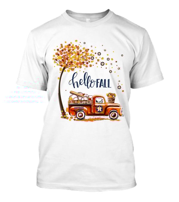 Hello Fall Astros Truck With Baseballs And Autumn Leaves T-Shirt