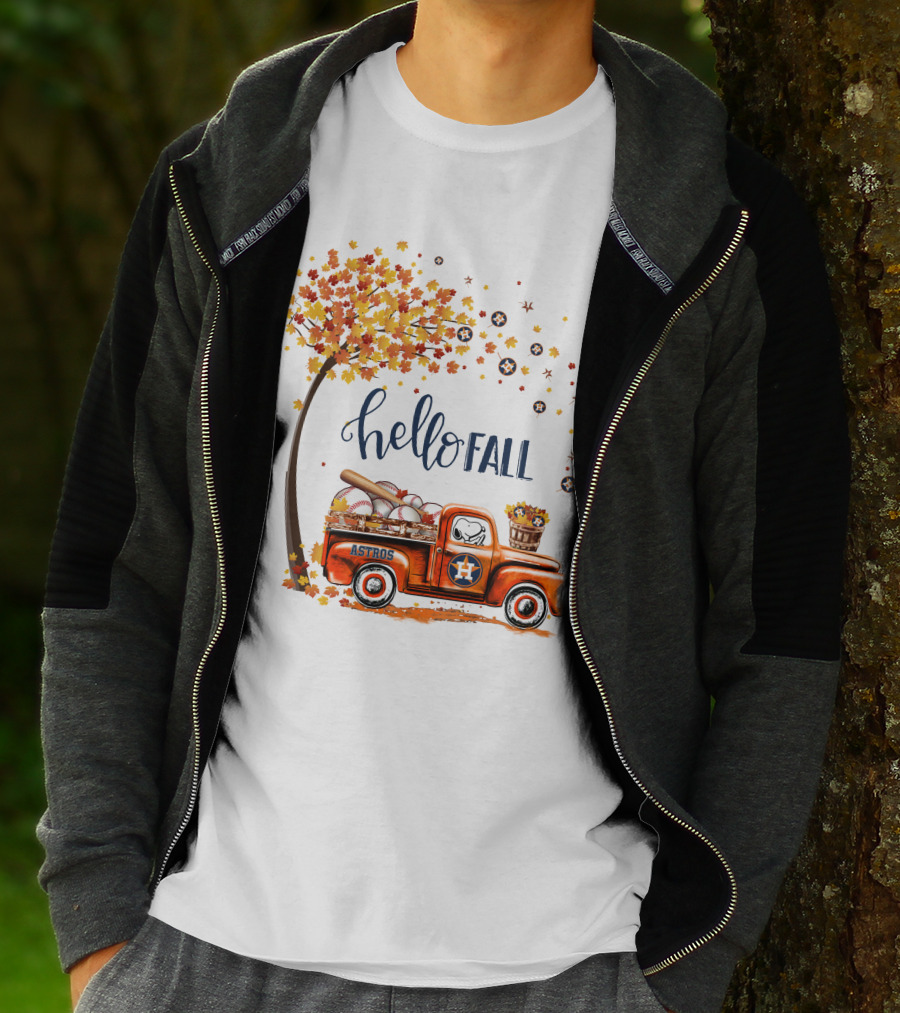 Hello Fall Astros Truck With Baseballs And Autumn Leaves T-Shirt