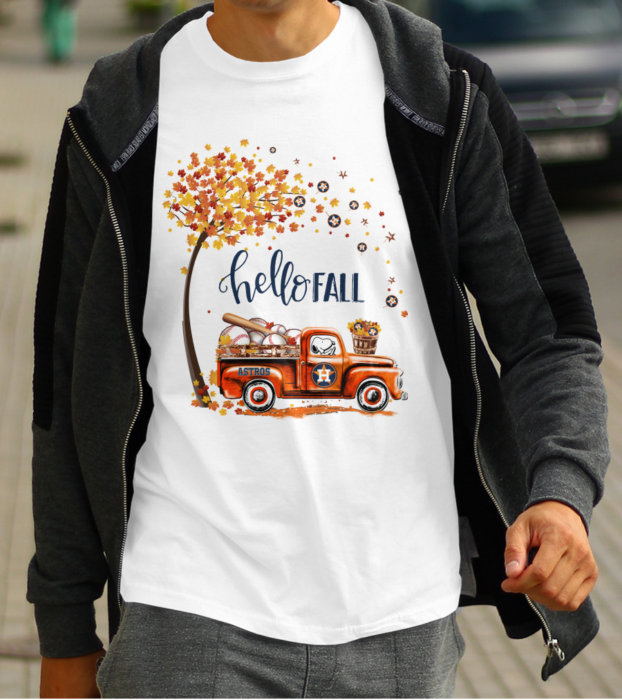 Hello Fall Astros Truck With Baseballs And Autumn Leaves T-Shirt