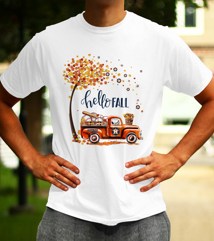 Hello Fall Astros Truck With Baseballs And Autumn Leaves T-Shirt