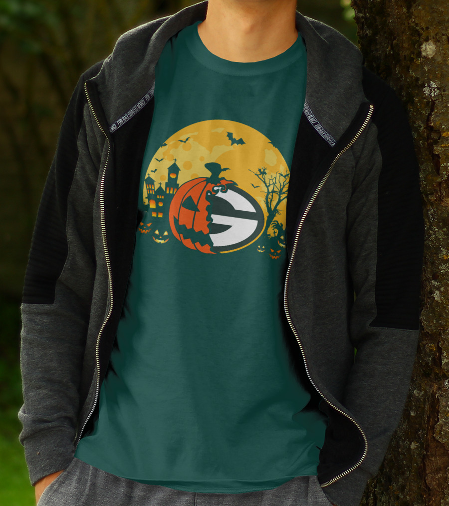 Halloween Green Bay Packers Pumpkin Moon Night Scene T-Shirt