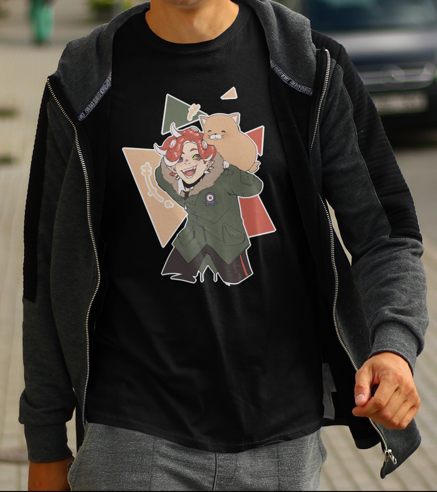 Piggyback Cute Demon With Cat Companion And Colorful Shapes T-Shirt