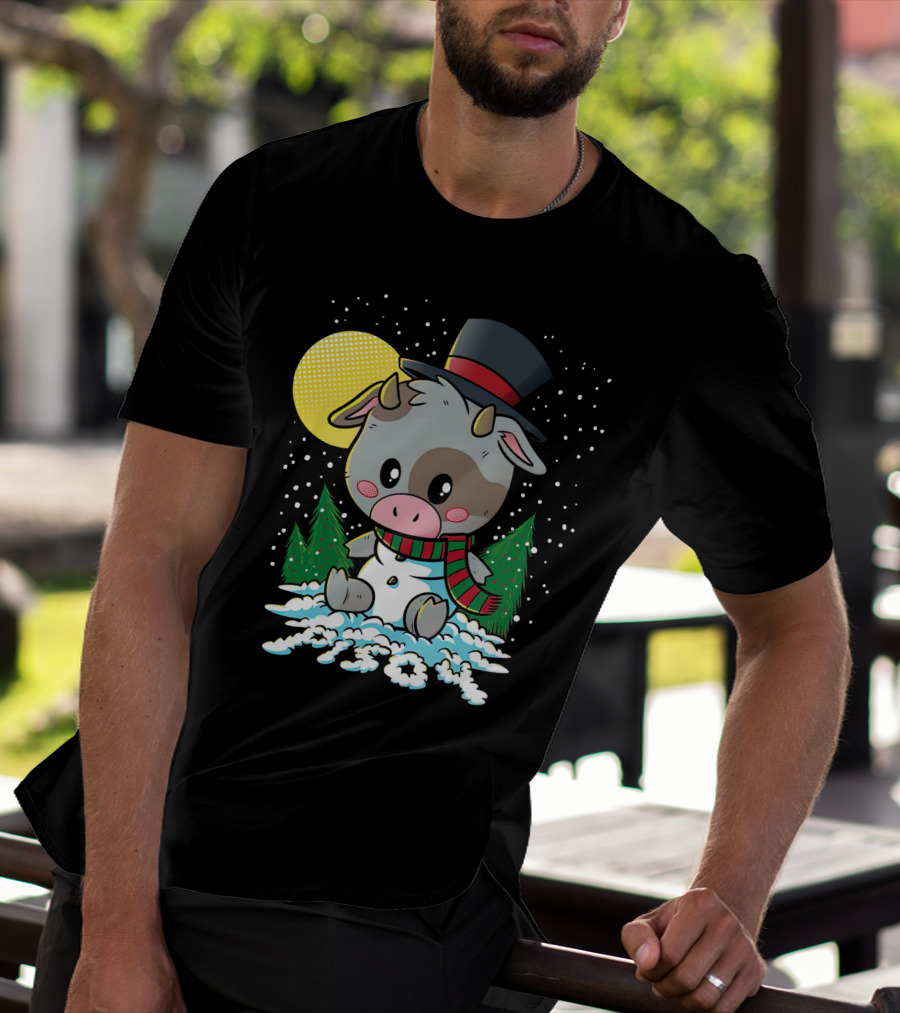Piso4 Cute Cow In Snow With Top Hat And Scarf Winter Scene T-Shirt