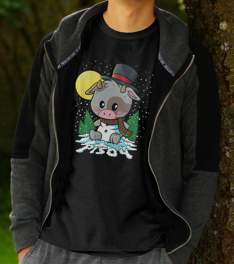 Piso4 Cute Cow In Snow With Top Hat And Scarf Winter Scene T-Shirt