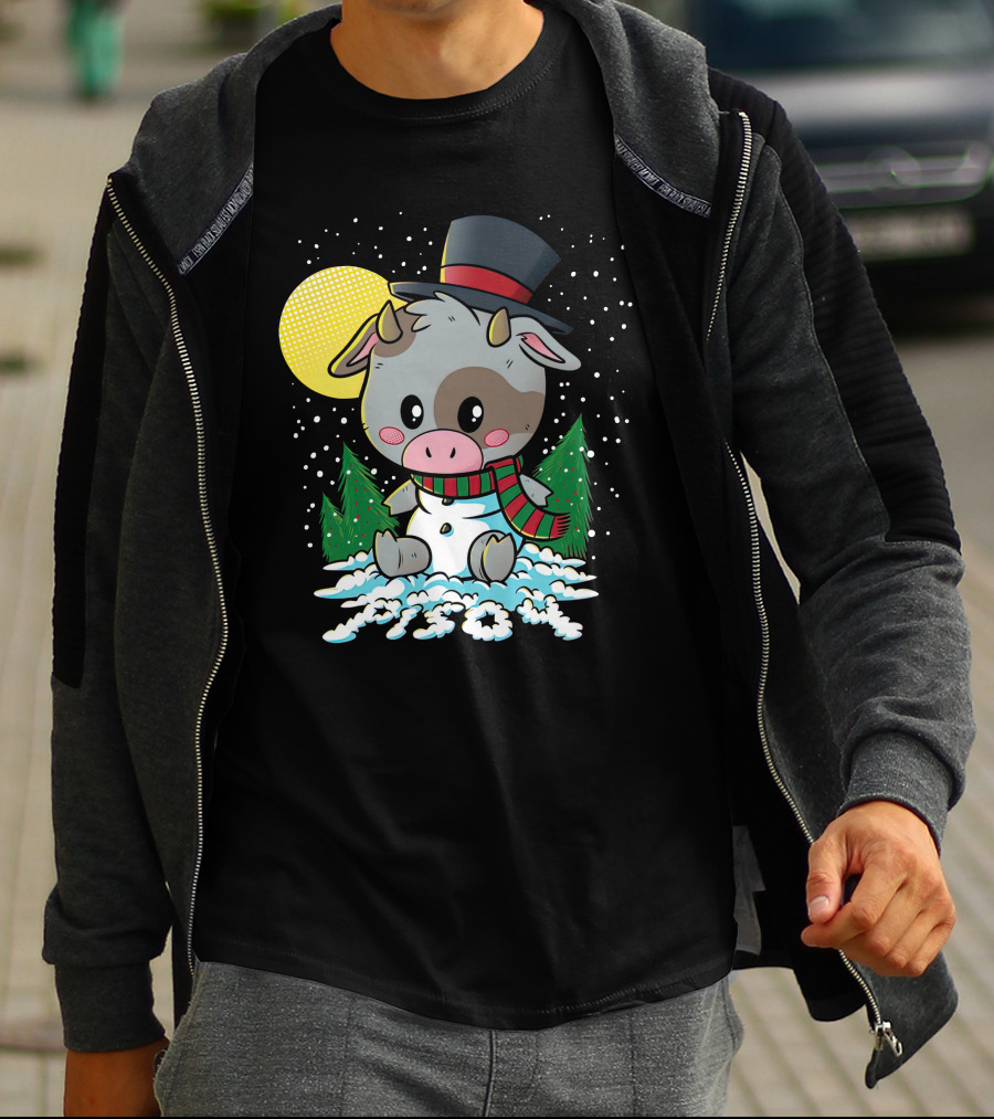 Piso4 Cute Cow In Snow With Top Hat And Scarf Winter Scene T-Shirt