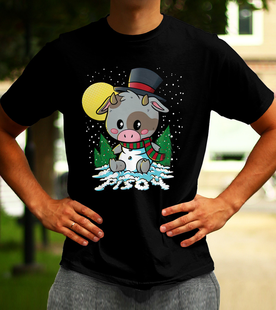 Piso4 Cute Cow In Snow With Top Hat And Scarf Winter Scene T-Shirt