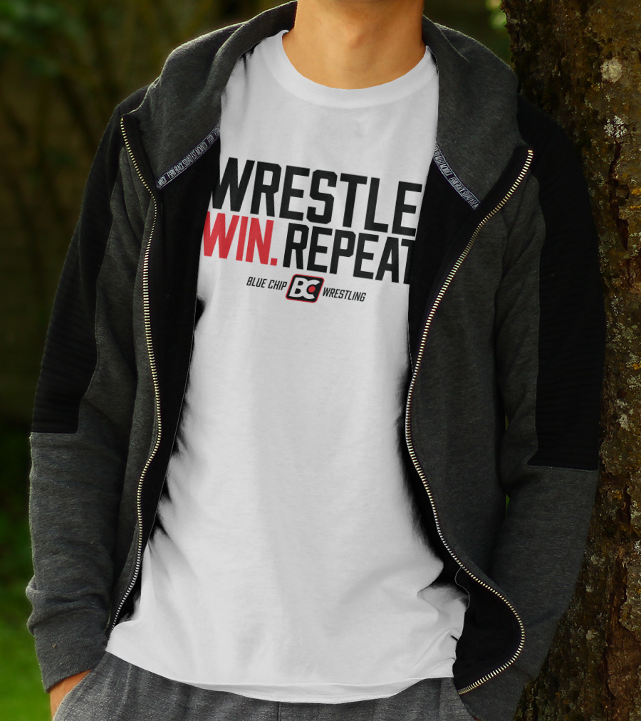Wrestle Win Repeat Blue Chip BC Wrestling T-Shirt