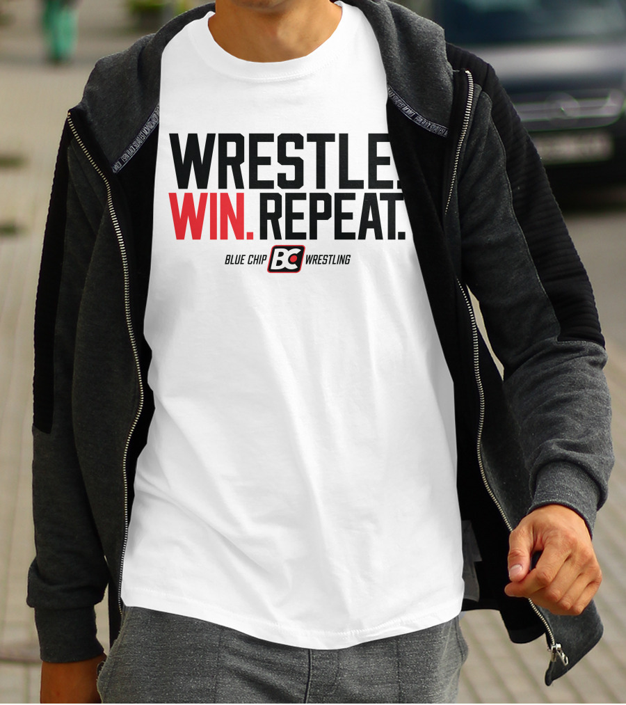 Wrestle Win Repeat Blue Chip BC Wrestling T-Shirt