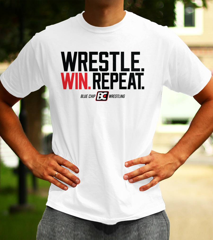 Wrestle Win Repeat Blue Chip BC Wrestling T-Shirt
