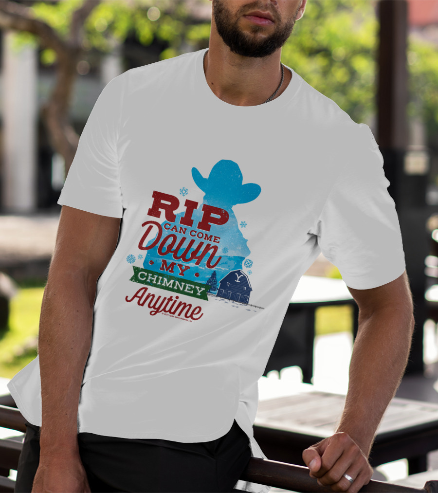 Rip Can Come Down My Chimney Anytime Blue Cowboy Silhouette Snowflakes Barn T-Shirt