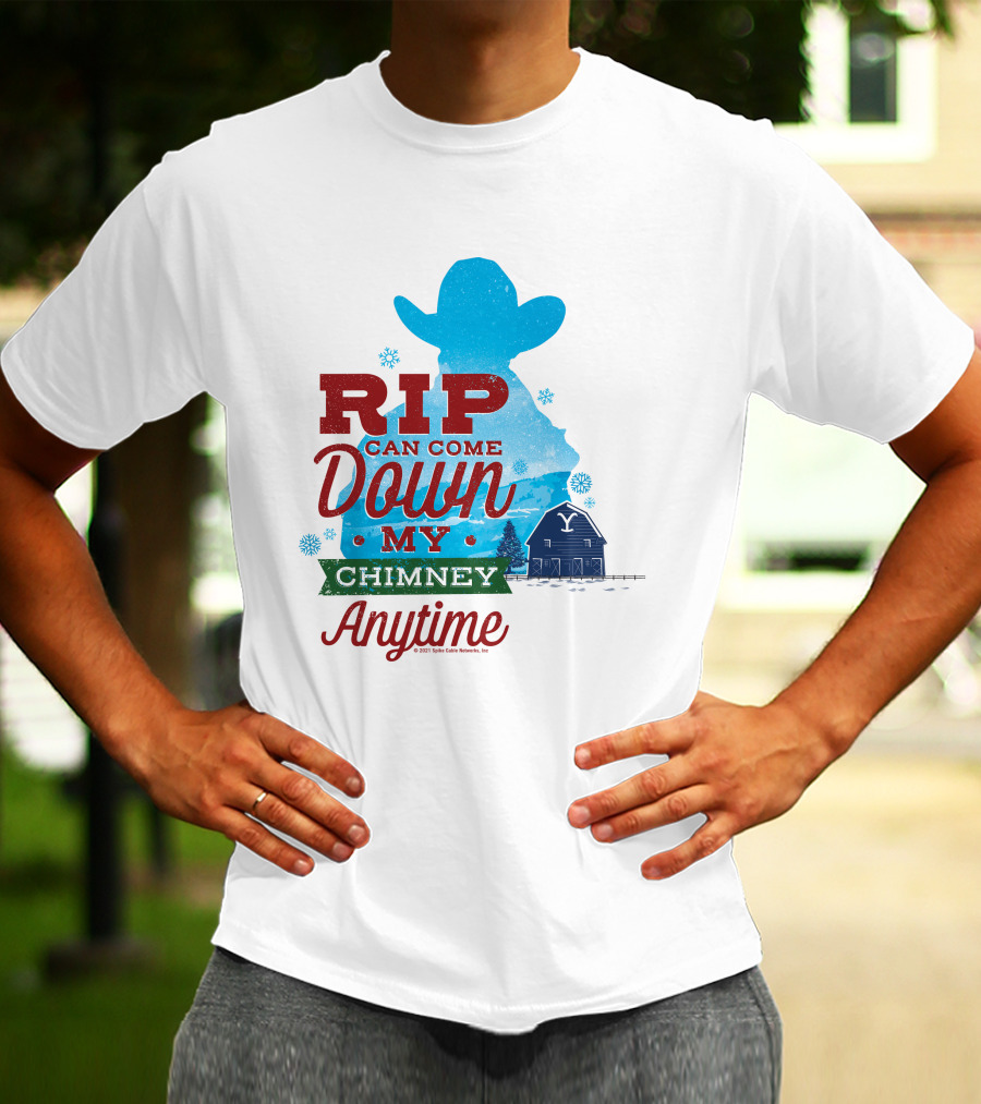 Rip Can Come Down My Chimney Anytime Blue Cowboy Silhouette Snowflakes Barn T-Shirt
