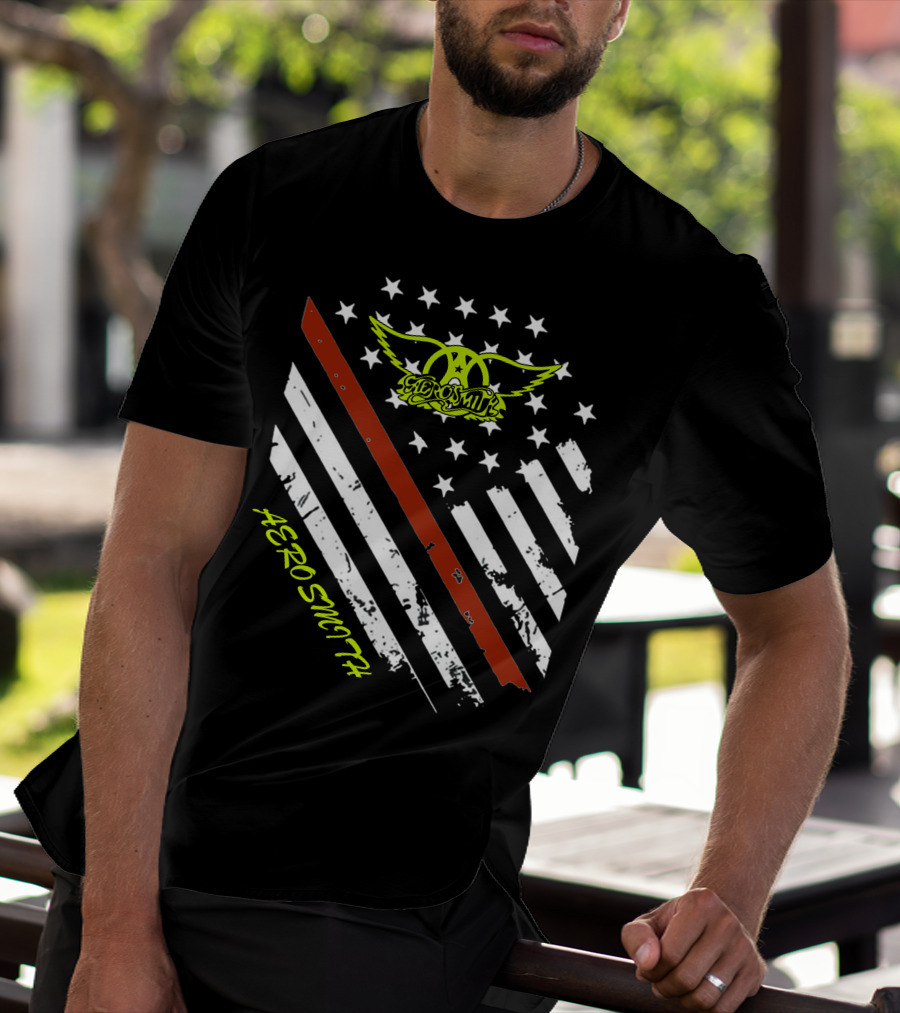 Aerosmith Logo With American Flag And Guitar Stripe T-Shirt
