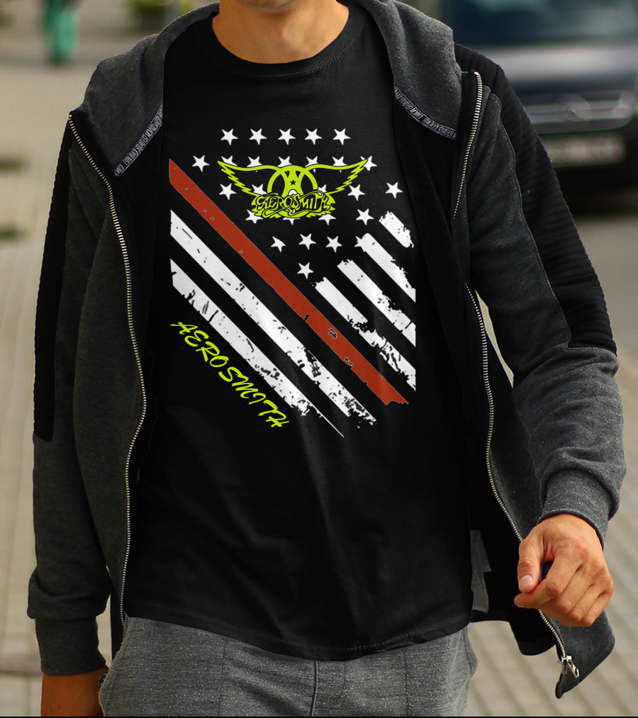 Aerosmith Logo With American Flag And Guitar Stripe T-Shirt