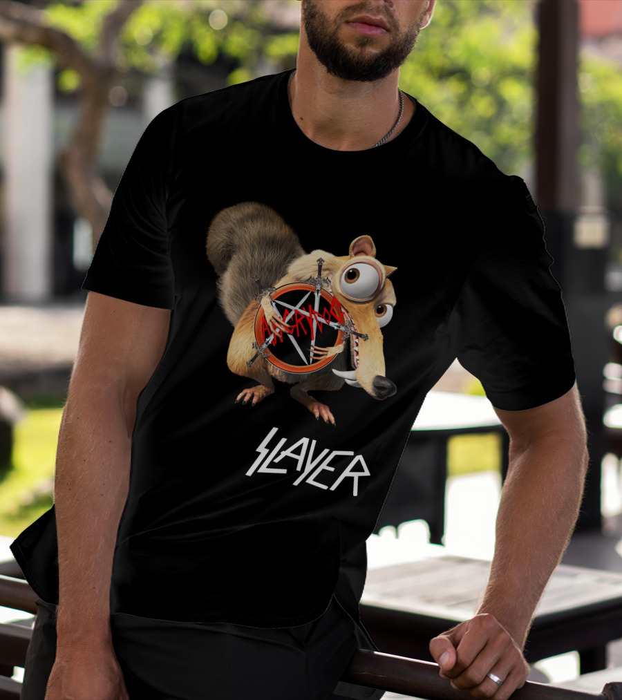Scrat Holding Slayer Logo Pentagram Slayer T-Shirt