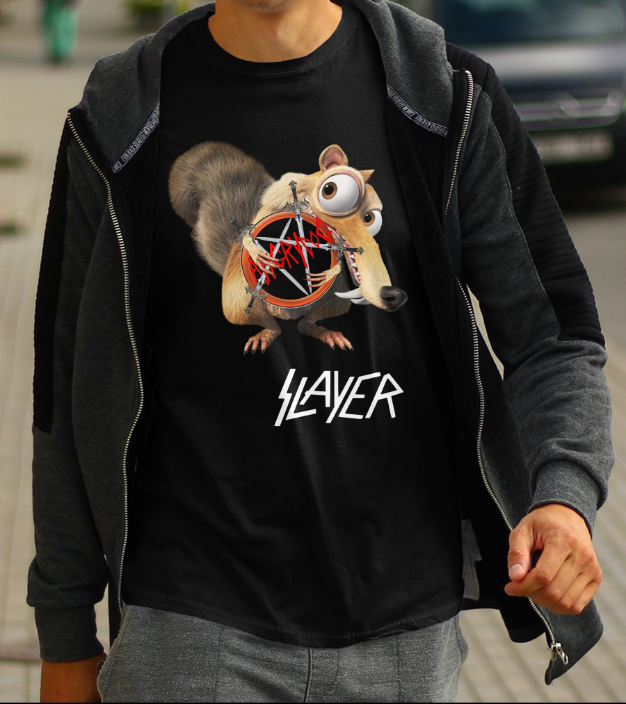 Scrat Holding Slayer Logo Pentagram Slayer T-Shirt