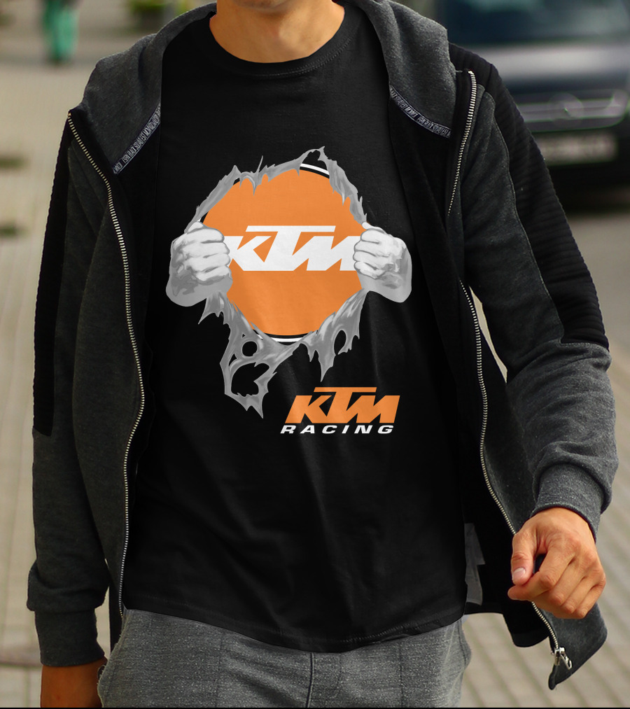 Ktm Racing Logo With Hands Ripping Through Orange T-Shirt