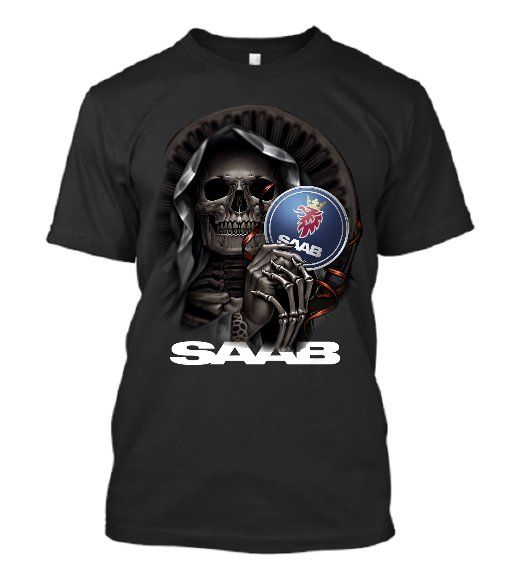 Saab Skull Holding Emblem With Hooded Figure And Crowned Griffin T-Shirt