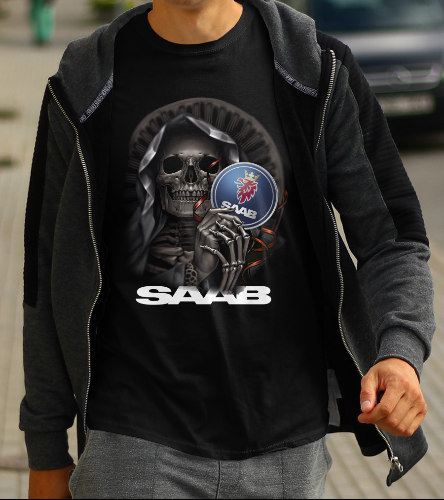Saab Skull Holding Emblem With Hooded Figure And Crowned Griffin T-Shirt