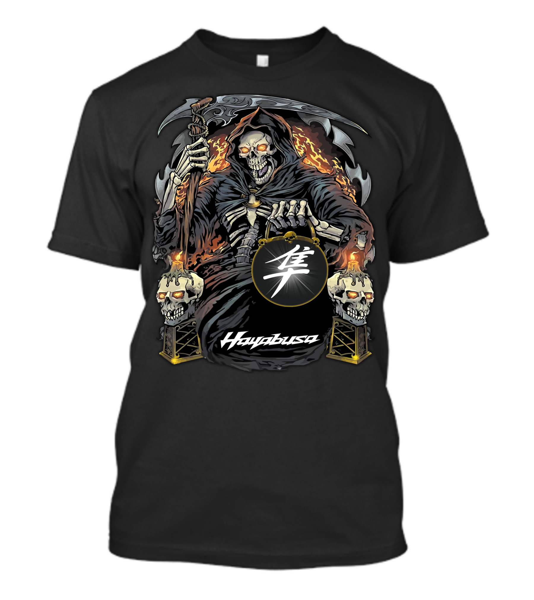 Hayabusa Grim Reaper With Fiery Skulls And Kanji Symbol T-Shirt