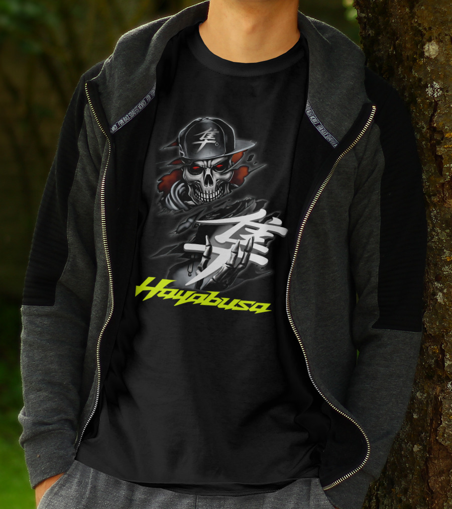 Hayabusa Skeleton In Cap With Kanji Symbol And Claws T-Shirt