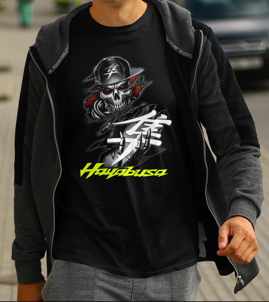 Hayabusa Skeleton In Cap With Kanji Symbol And Claws T-Shirt