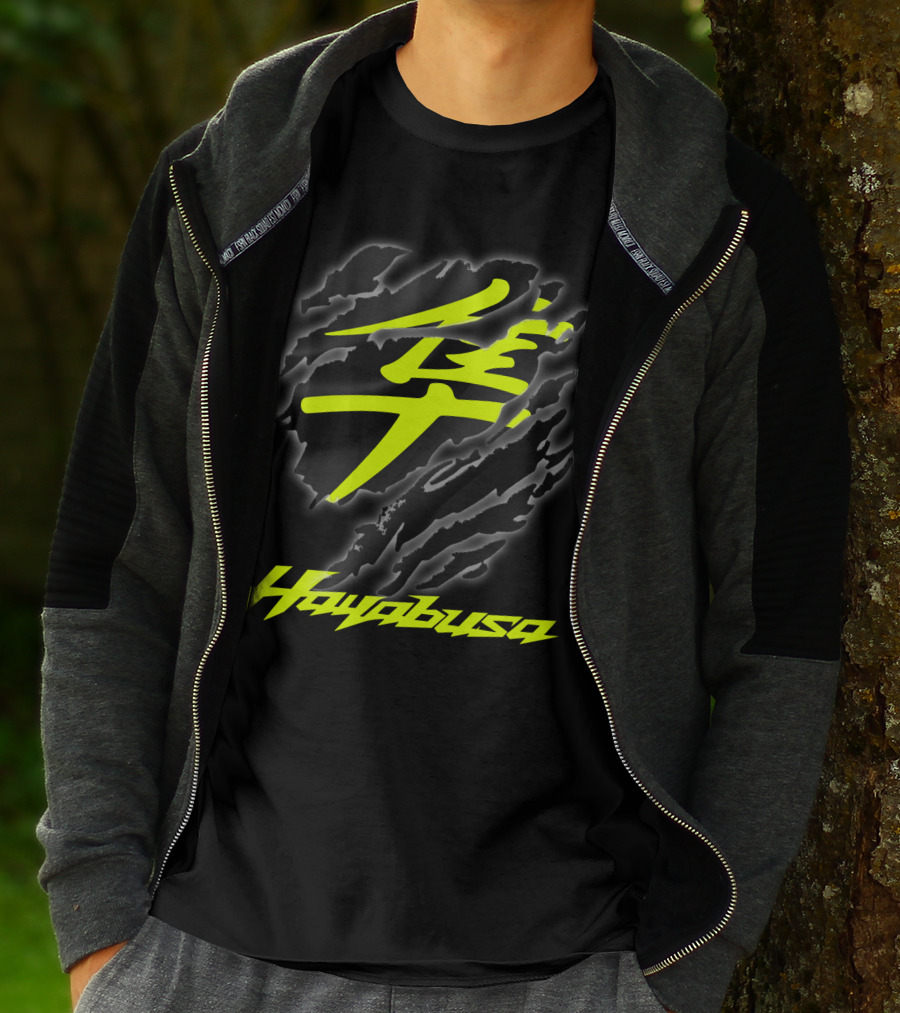 Hayabusa 07 Yellow Kanji Torn Black T-Shirt