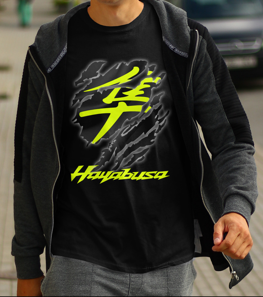 Hayabusa 07 Yellow Kanji Torn Black T-Shirt