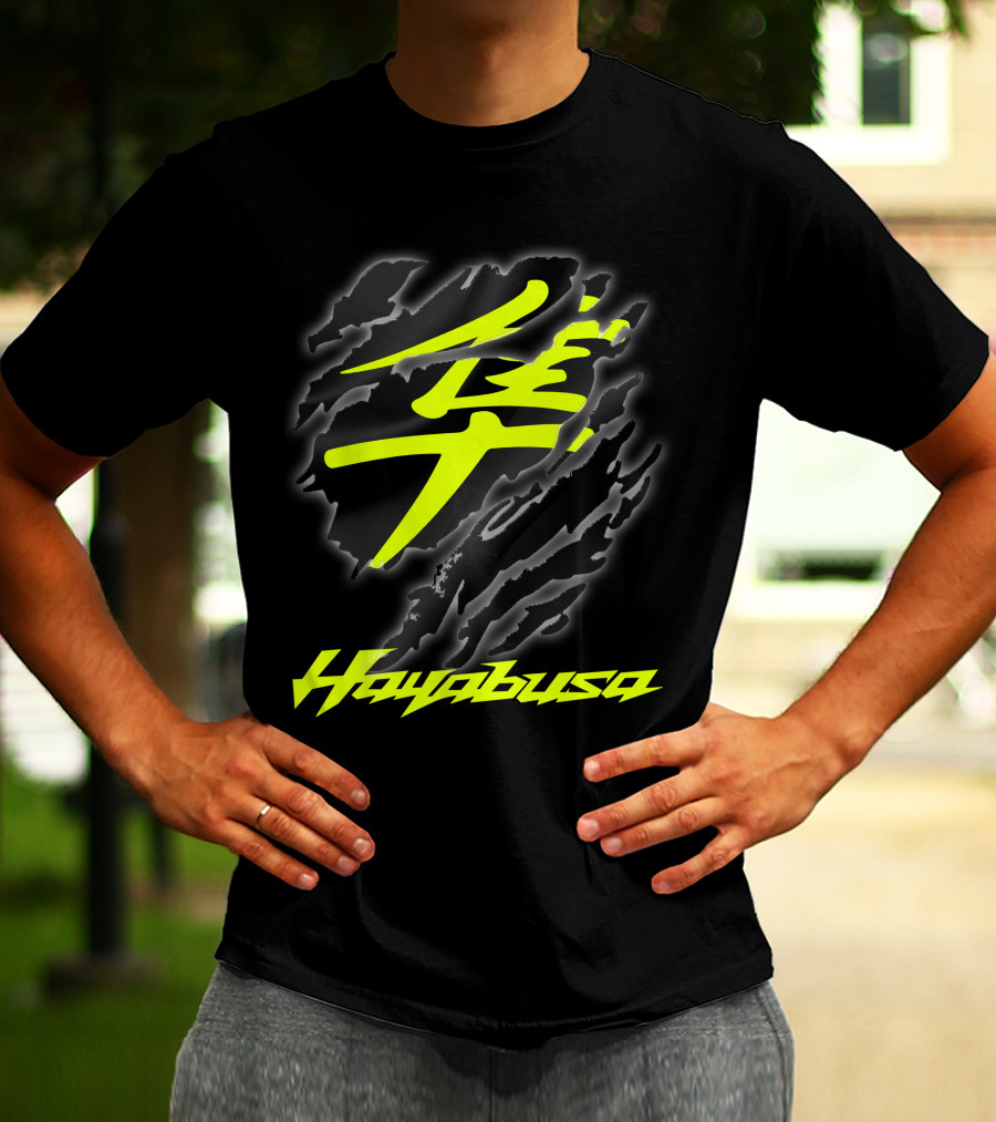 Hayabusa 07 Yellow Kanji Torn Black T-Shirt