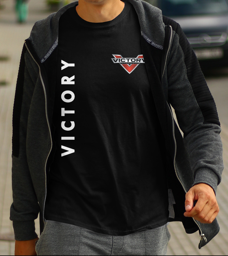 Victory Motorcycles Logo And Vertical Text Layout T-Shirt