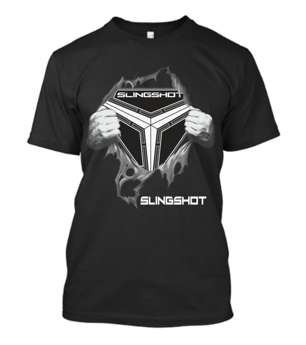 Slingshot Emblem With Hands Pulling Away Black T-Shirt