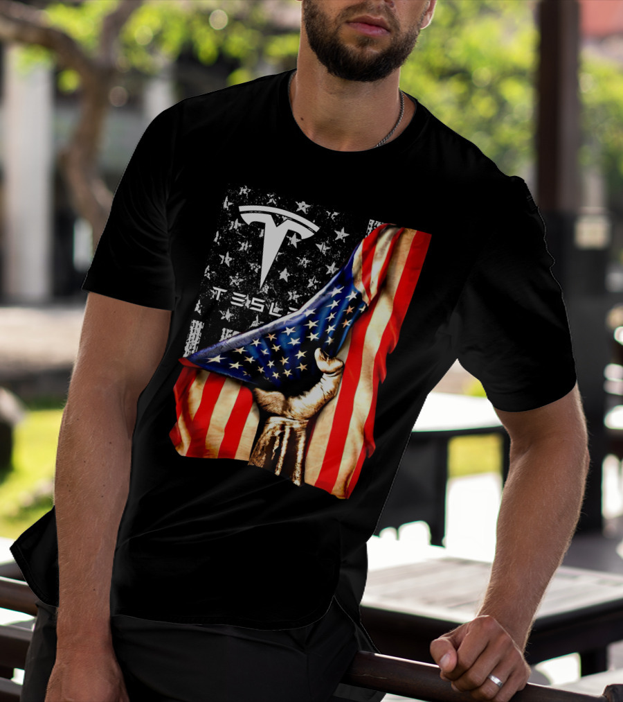 Tesla Logo American Flag Hand Folded Stars Stripes Vintage Style T-Shirt