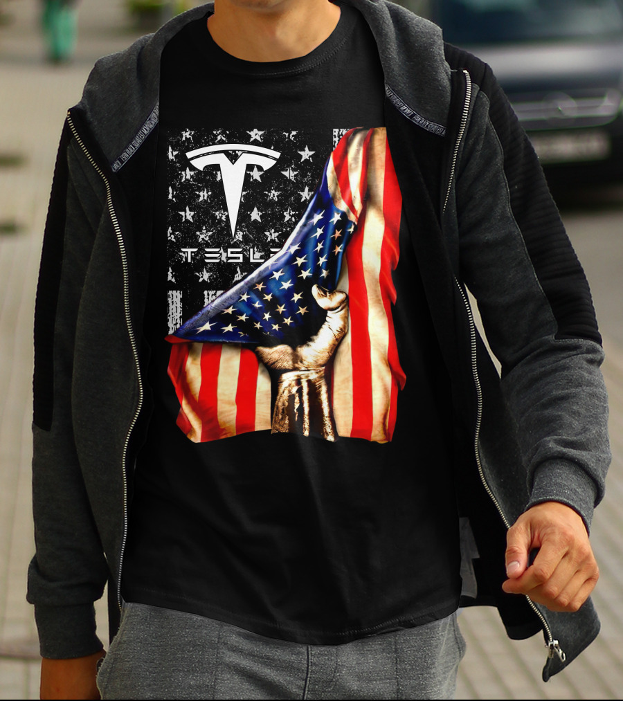Tesla Logo American Flag Hand Folded Stars Stripes Vintage Style T-Shirt