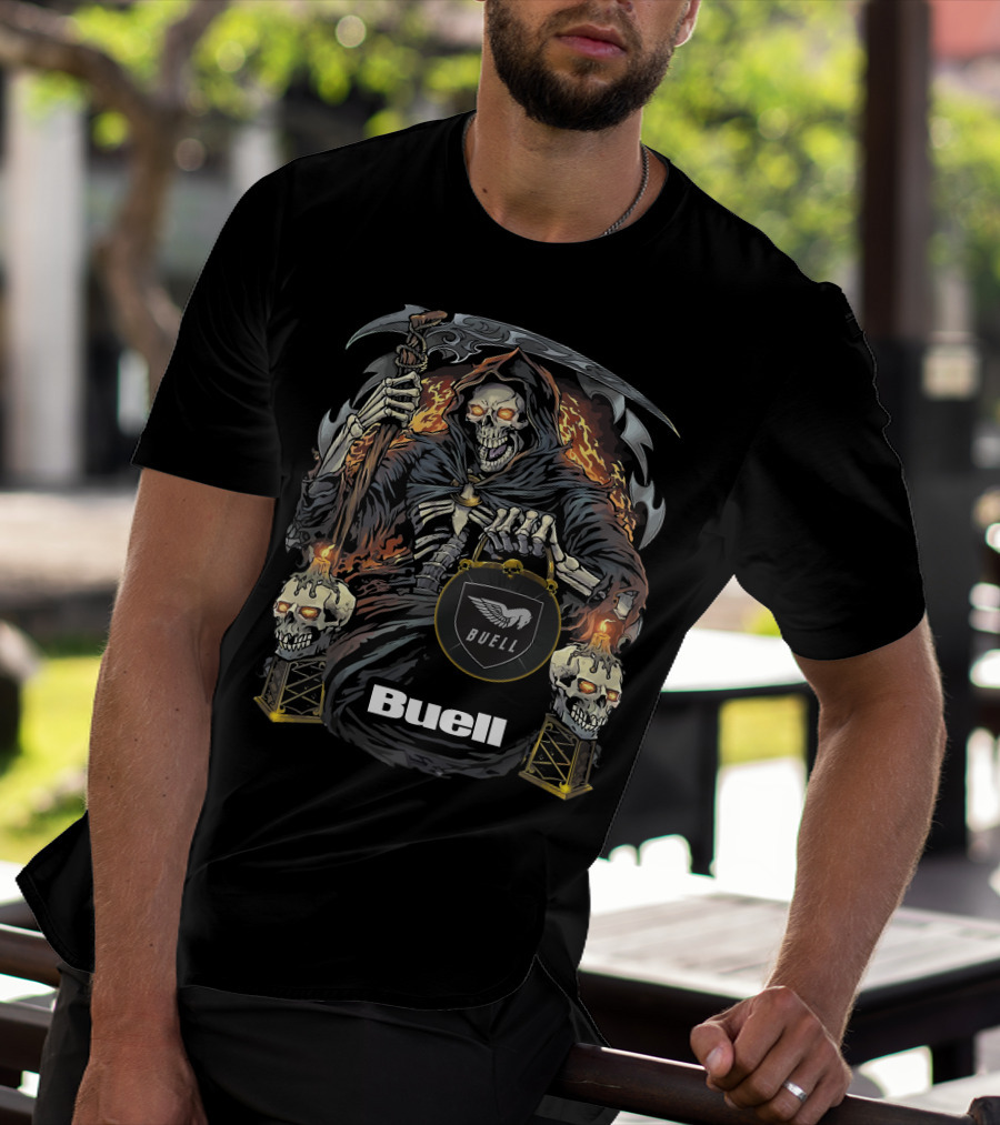 Buell Grim Reaper Motorcycle Skeleton With Scythe And Flaming Skulls T-Shirt