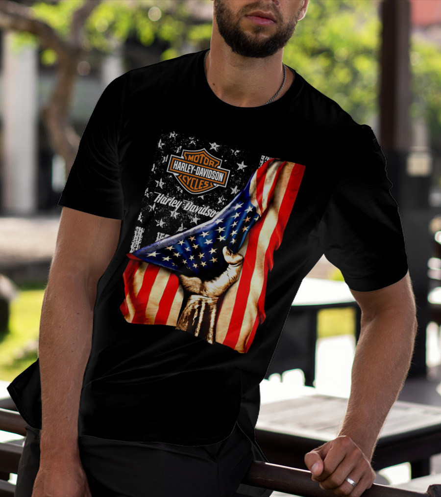 Harley Davidson American Flag Hand Motorcycle Cycles T-Shirt
