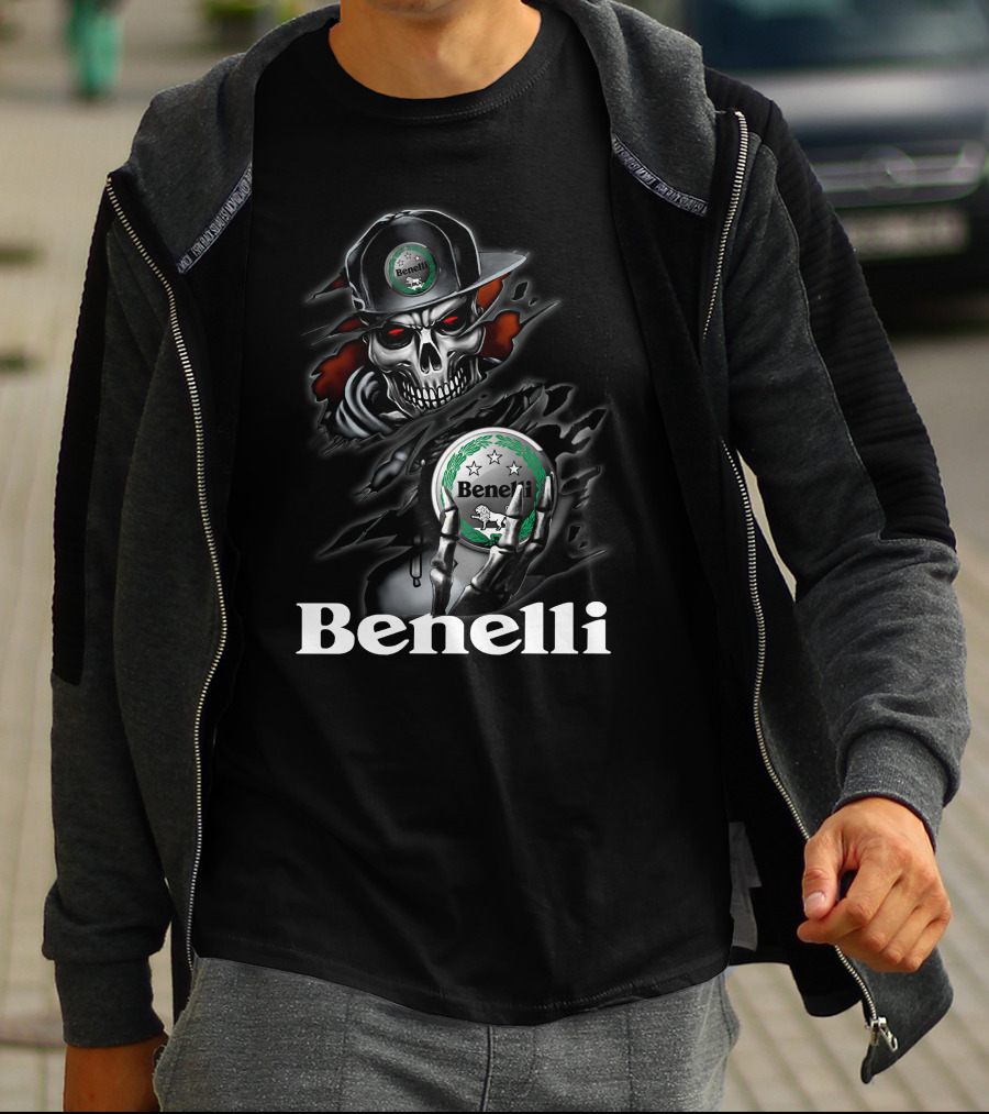 Benelli Skull Holding Logo Emblem With Stars And Badge In Dark Theme T-Shirt