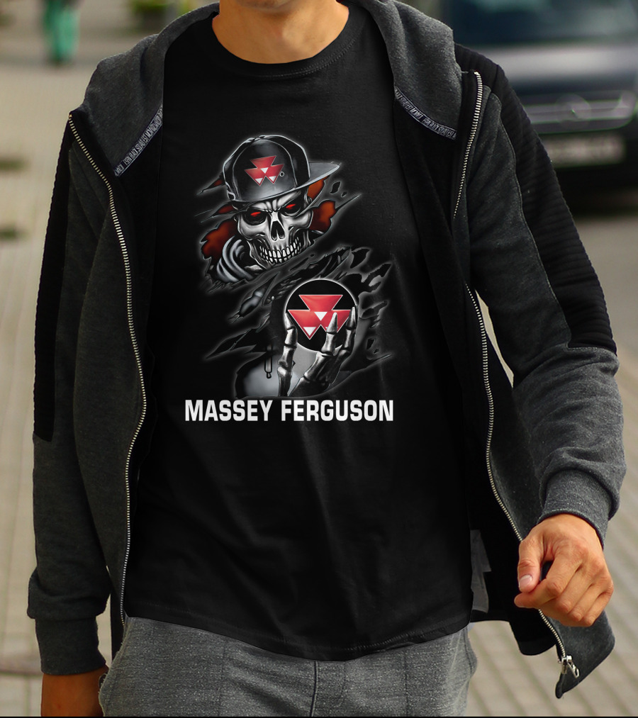 Massey Ferguson Skull Emblem Red Triangle Motif T-Shirt