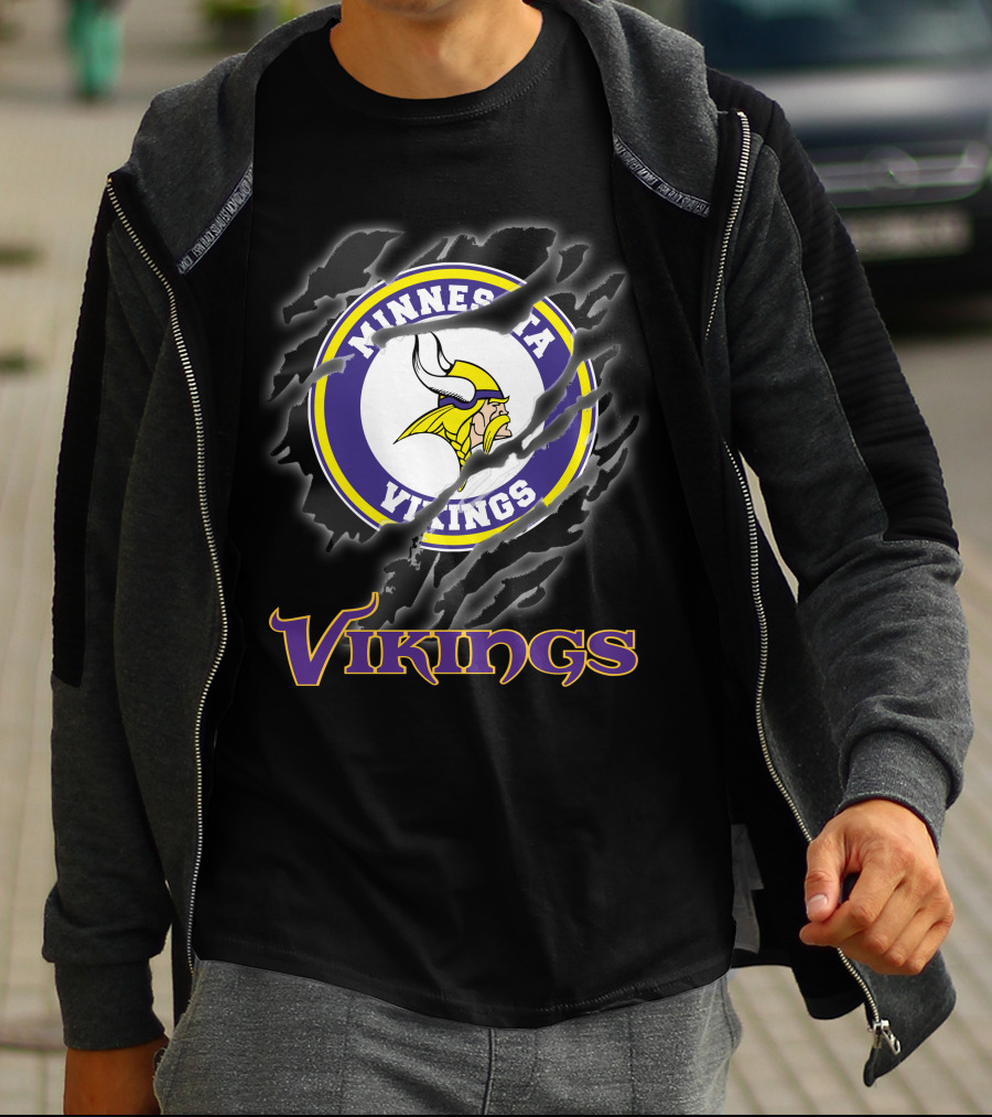 Minnesota Vikings Ripped Logo Design Featuring Iconic Viking Helmet And Horns T-Shirt