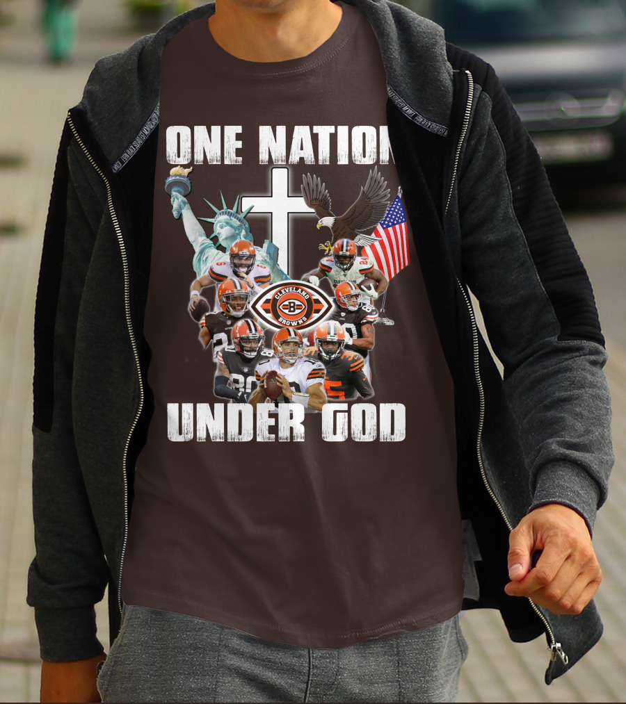Cleveland Browns One Nation Under God Players Statue Of Liberty Eagle Flag Cross T-Shirt