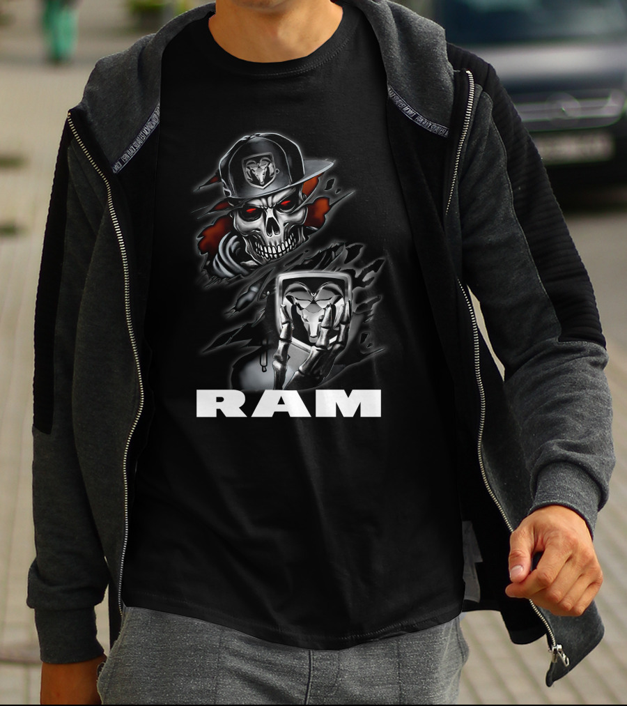 Ram Skull Skeleton With Baseball Cap And Glowing Red Eyes T-Shirt