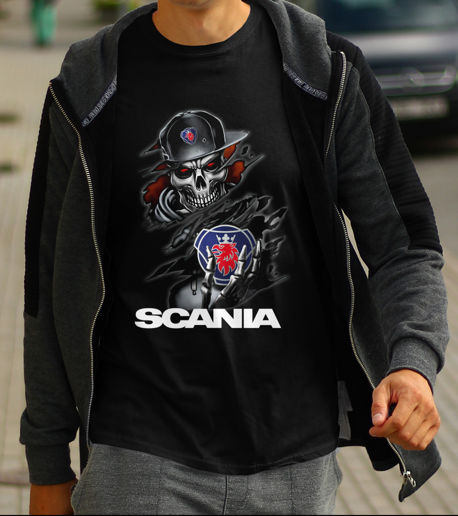 Scania Skull Emblem With Cap And Red-Eyed Skeleton T-Shirt