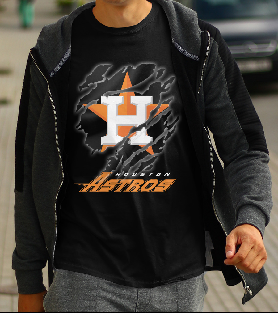 Houston Astros Logo With Orange Star And Dynamic Ripped Effect T-Shirt