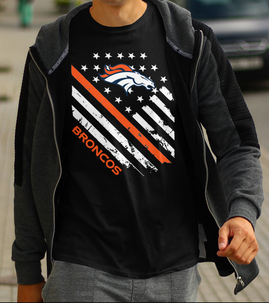 Broncos Logo With Stars And Stripes In Orange And White T-Shirt