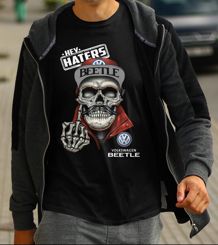 Hey Haters Volkswagen Beetle Skull With Vw Logo Finger Snap Attitude T-Shirt